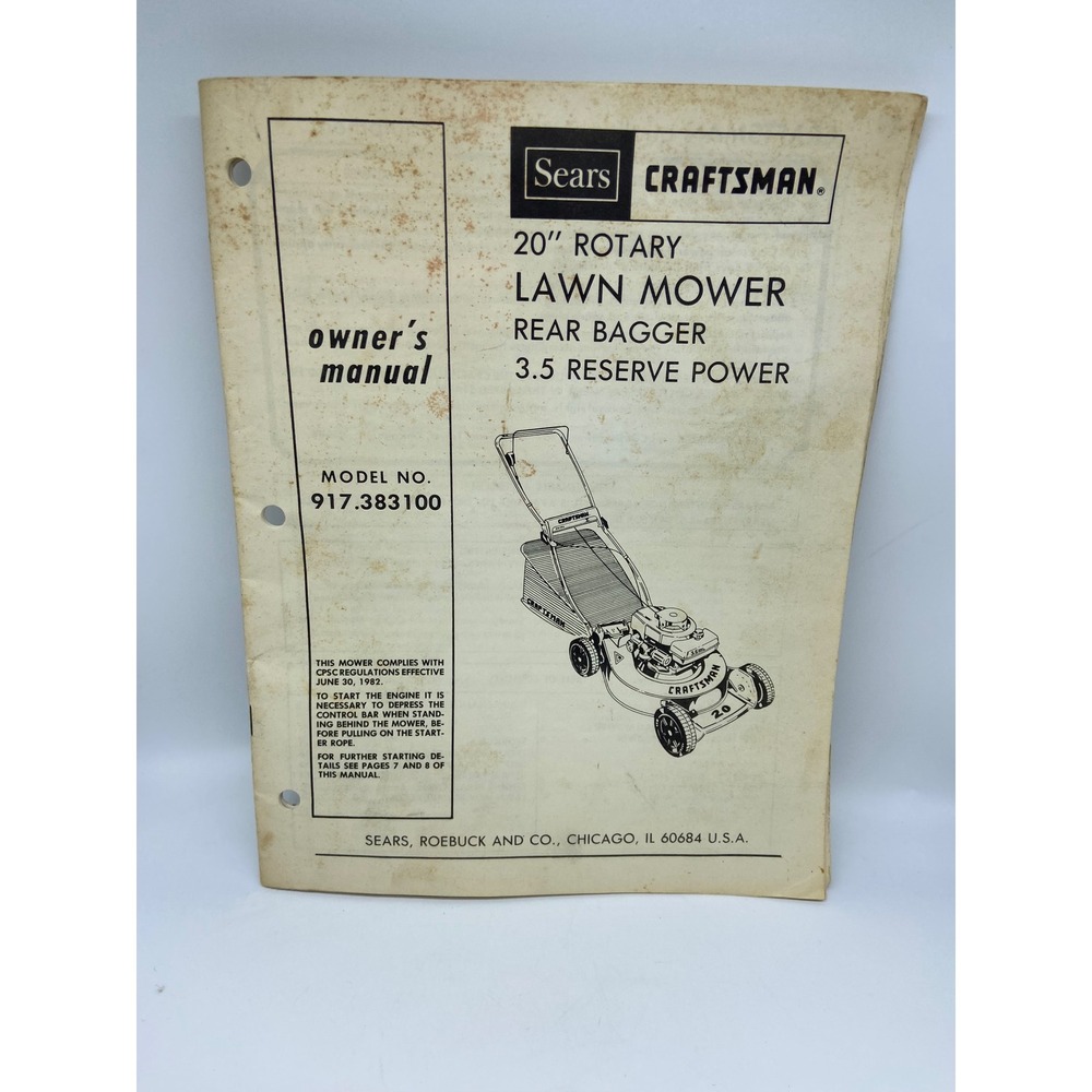 Craftsman Lawn Mower Owners Manual 917383100 Rear Bagger 20 Inch 1984 Vintage